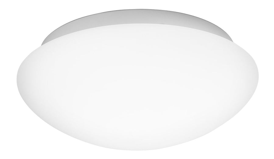 Plafonnier blanc vu de dessous, diffuseur en verre opalin et monture grise