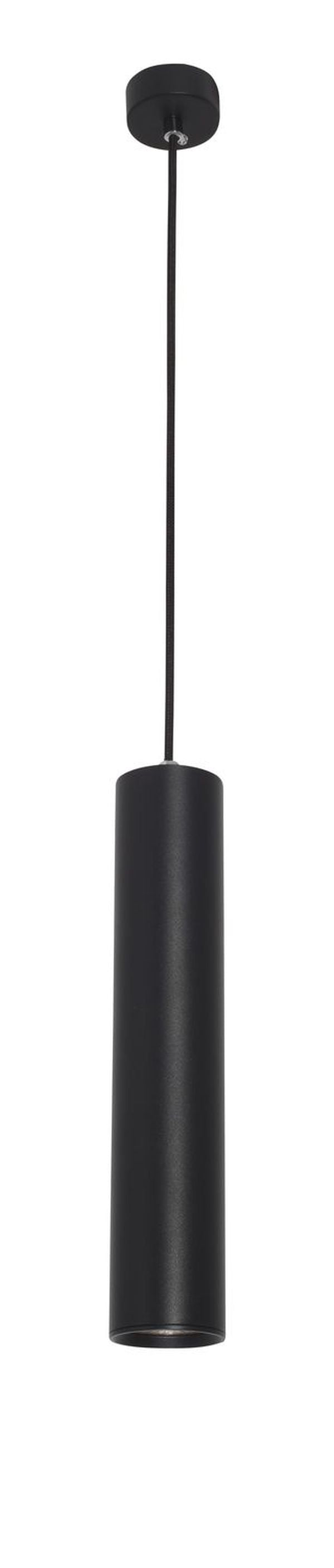 Suspension noire vue de face sur fond blanc, câble et rosace apparents