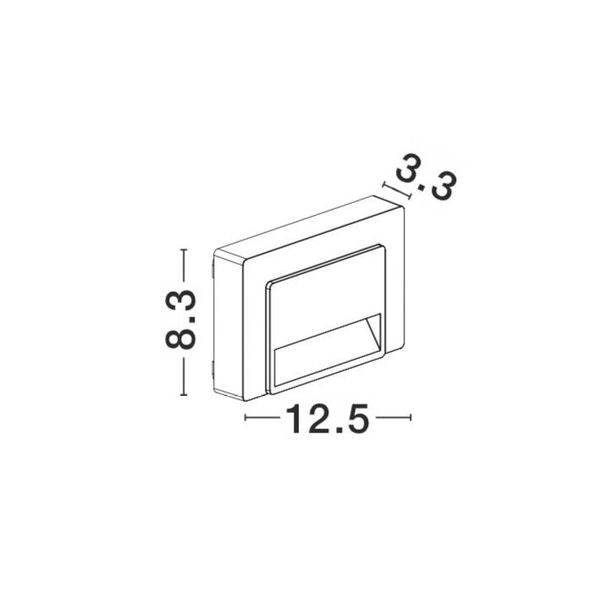 Schéma coté du luminaire : largeur 12,5 cm, hauteur 8,3 cm, profondeur 3,3 cm