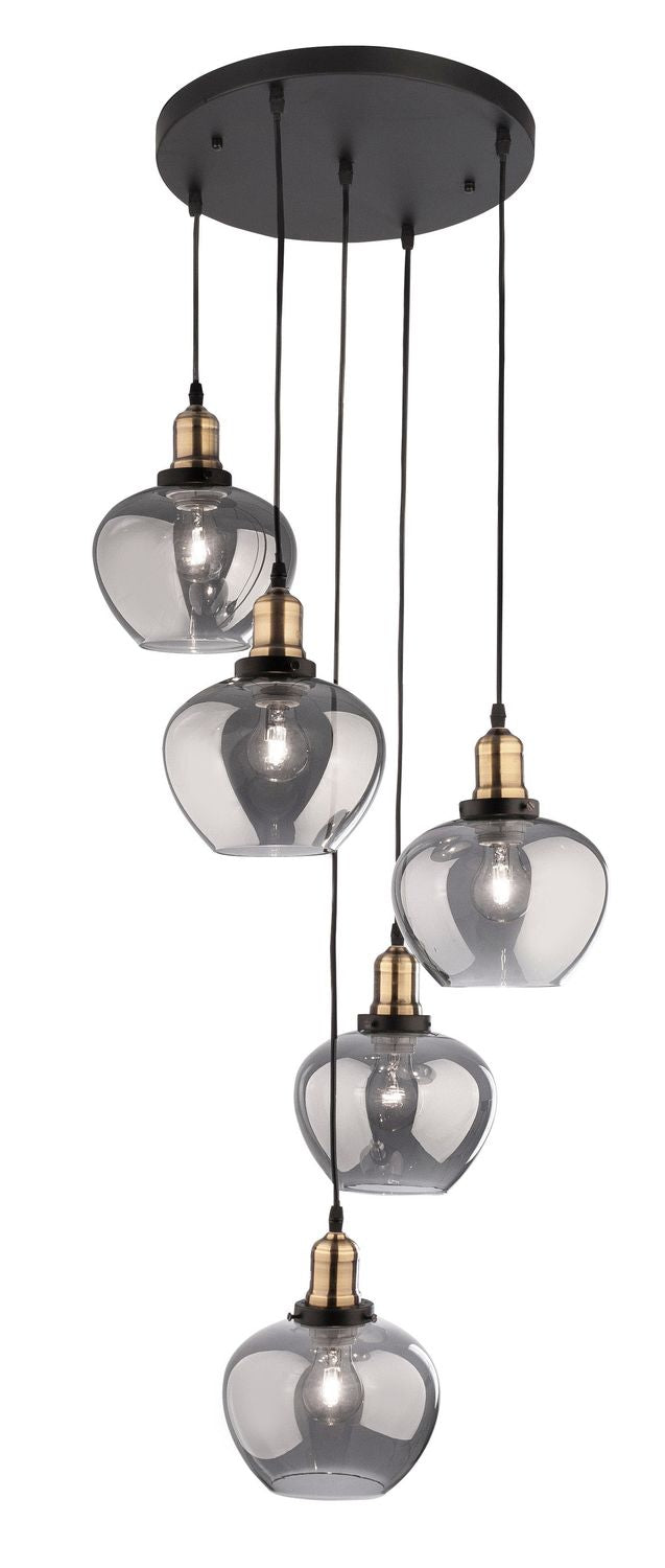Vue produit du luminaire avec cinq suspensions en verre transparent et douilles en laiton
