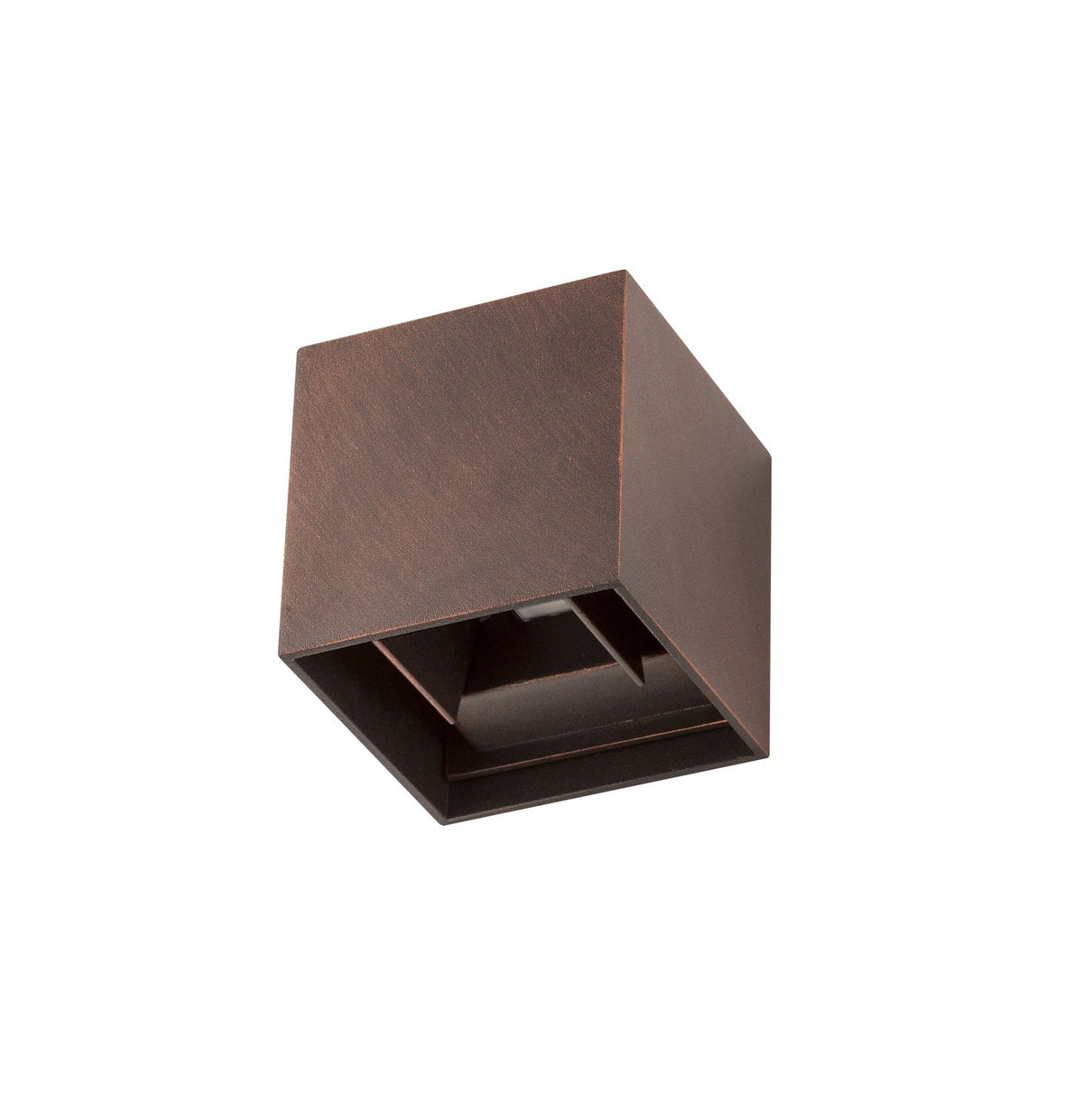 Vue produit isolé : applique extérieure cubique marron, finition rouille, ouverture vitrée.