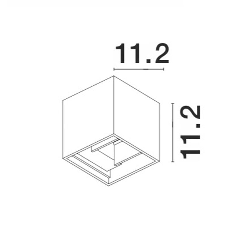 Schéma technique coté du luminaire carré, dimensions 11,2 centimètres de côté.