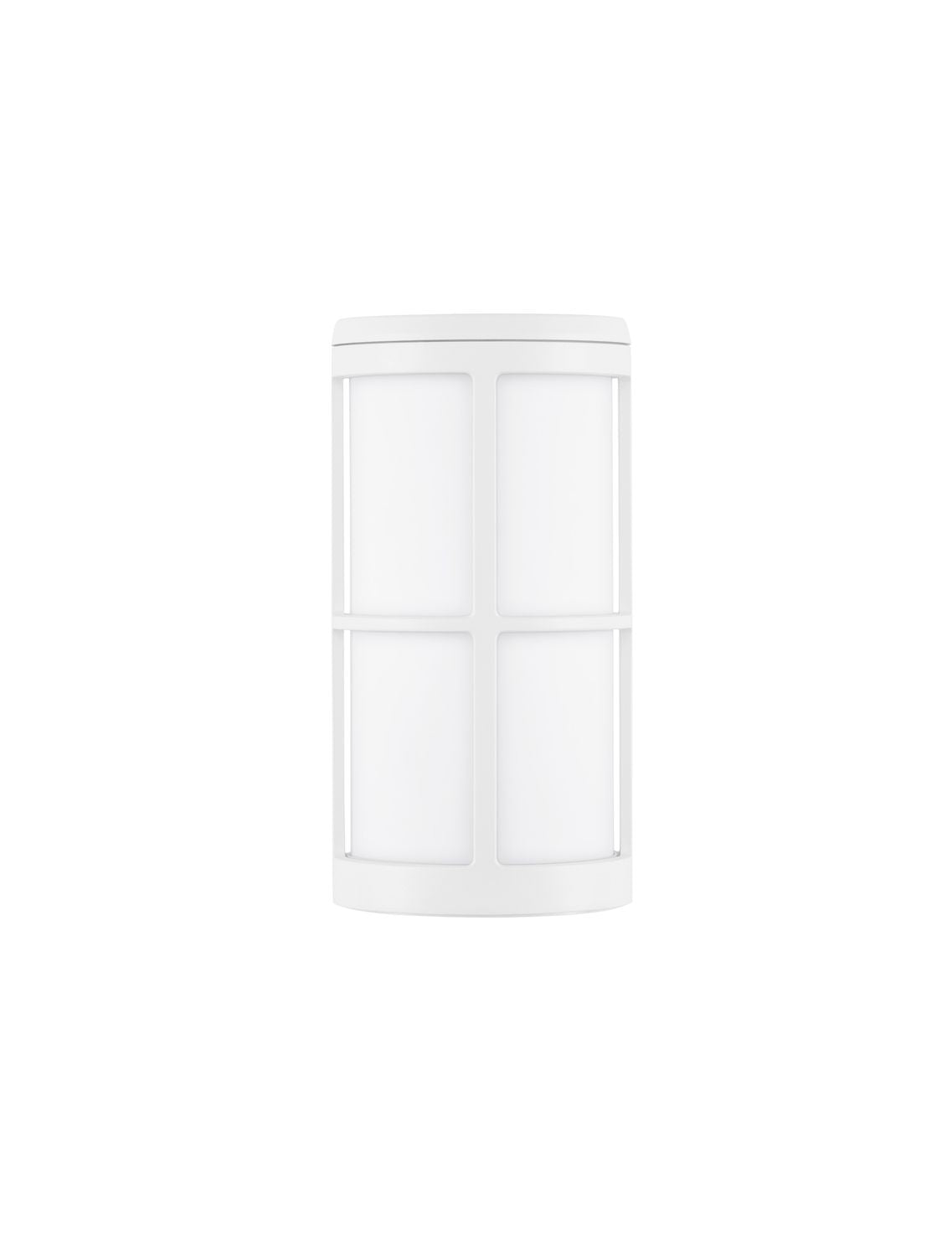 Vue de face du luminaire mural blanc sur fond neutre, grille en croisillon