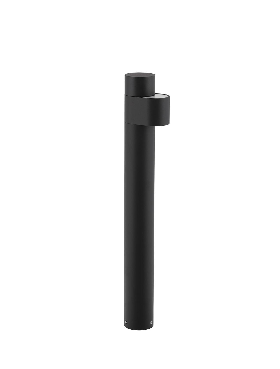 Vue de face de la borne cylindrique noire sur fond blanc.