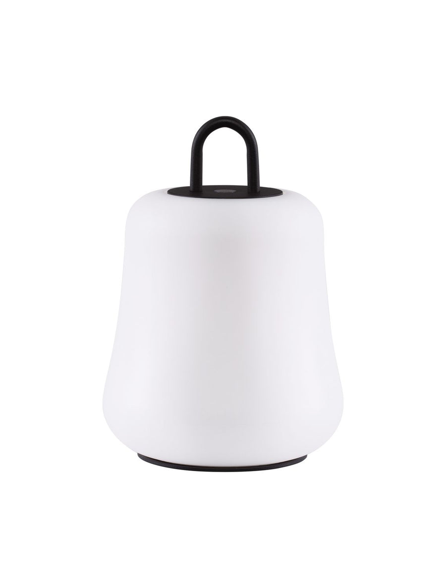 Vue de face du luminaire blanc sur fond neutre, anse noire bien visible.