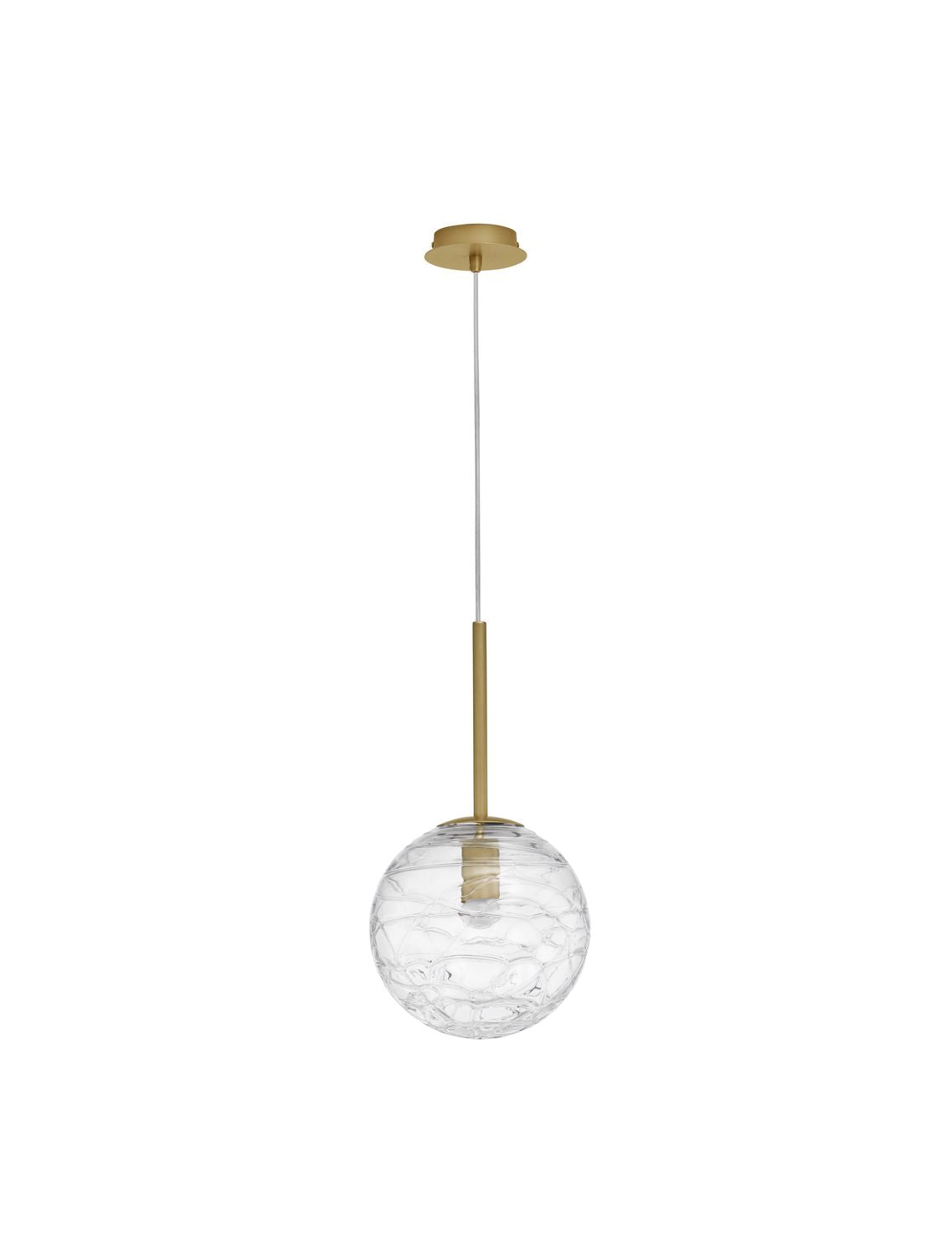 Vue de face du luminaire sur fond blanc, sphère en verre et tige dorée