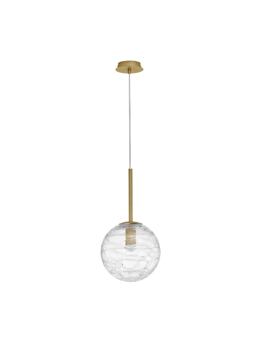 Vue de face du luminaire sur fond blanc, sphère en verre et tige dorée