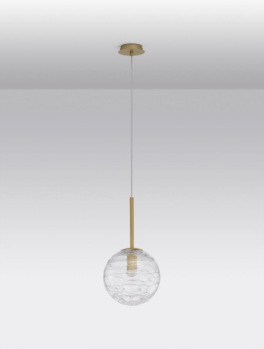 Suspension seule sur fond gris clair, câble blanc et rosace dorée fixée au plafond