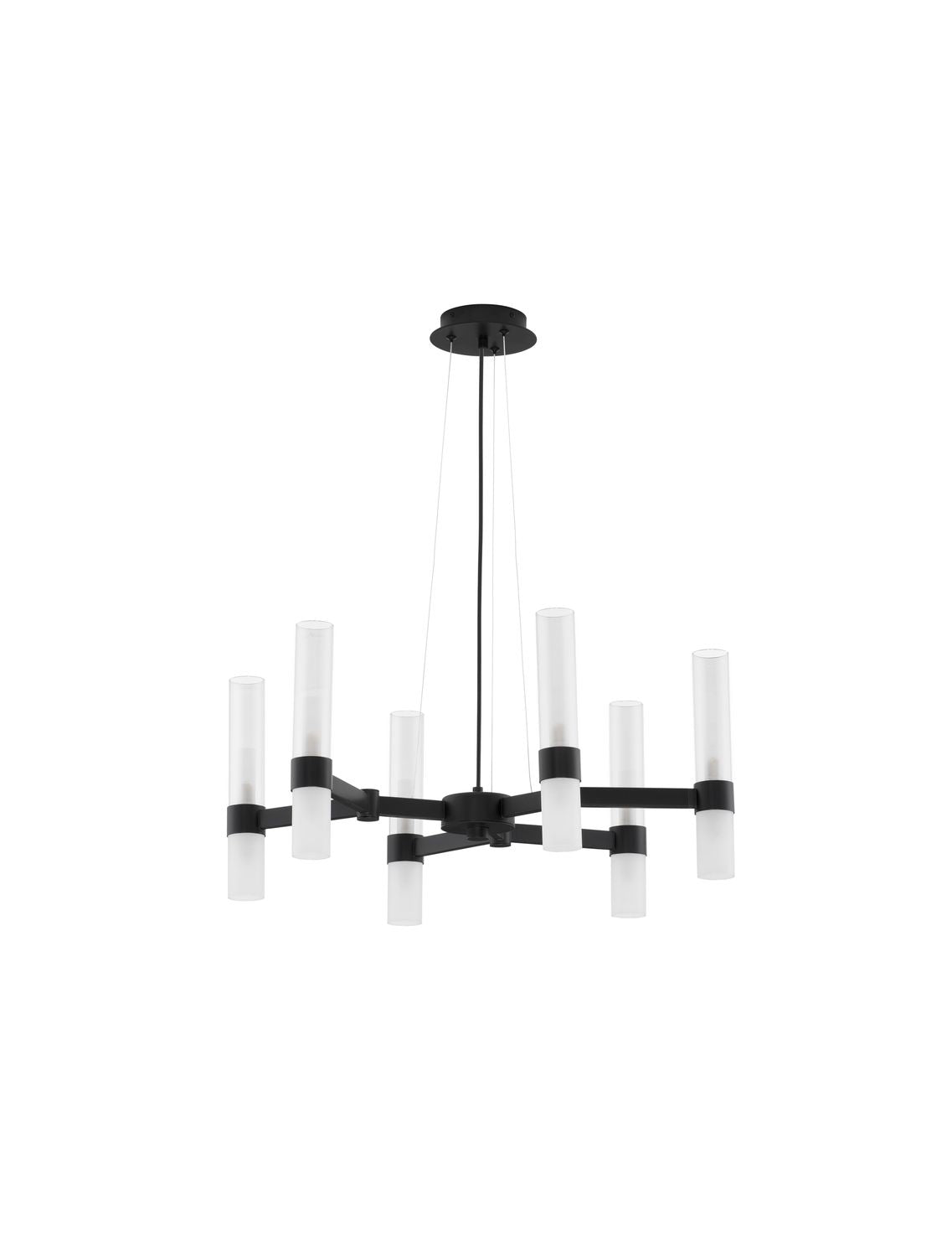 Vue de face du luminaire suspendu noir avec douze diffuseurs cylindriques en verre.