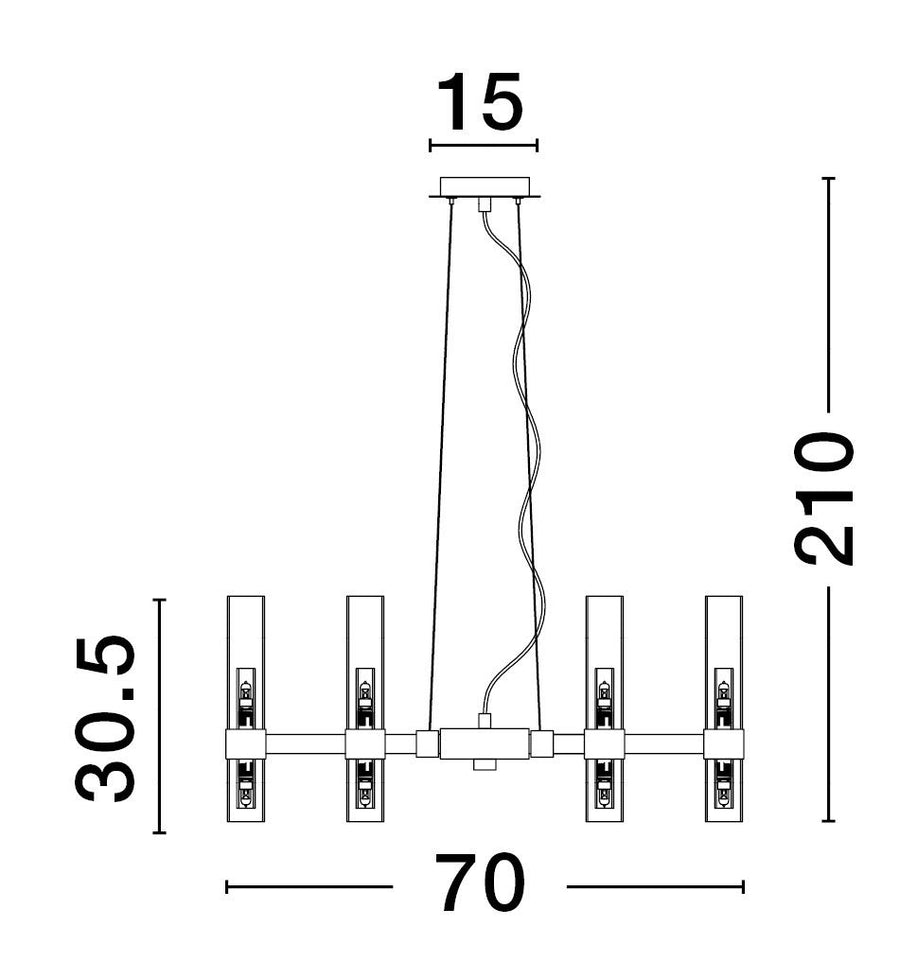 Schéma de dimensions du luminaire suspendu avec largeur, hauteur et diamètre du pavillon.