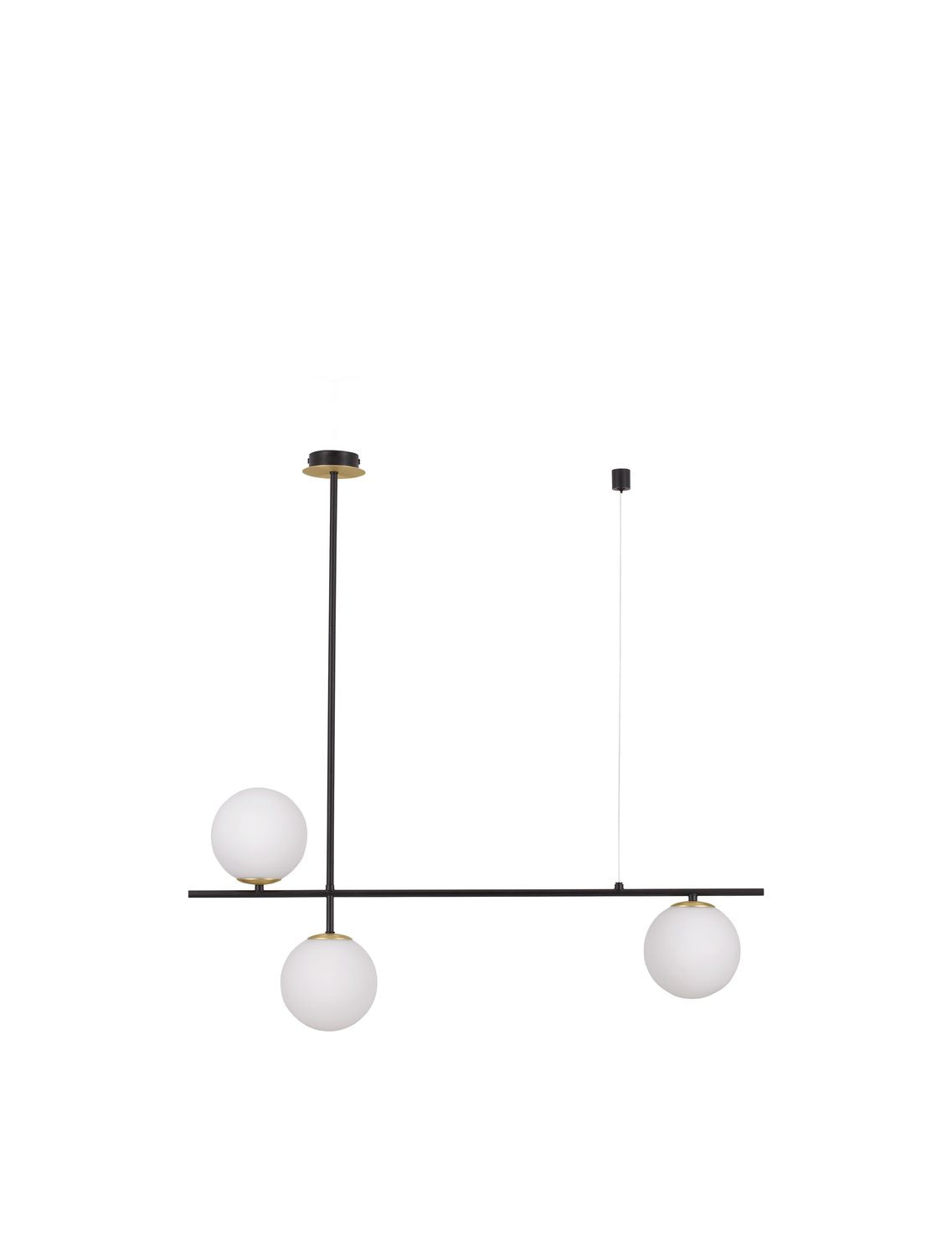 Produit isolé sur fond blanc, barre horizontale noire et trois globes blancs