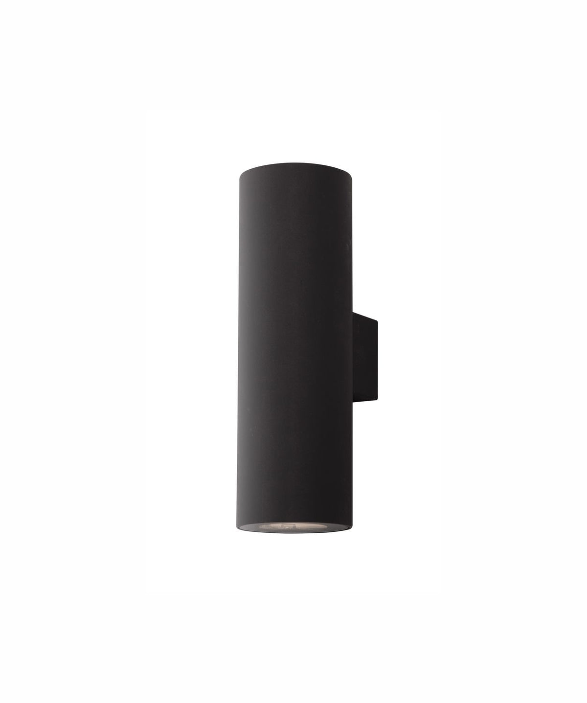 Applique murale noire vue de face sur fond blanc, corps cylindrique mat