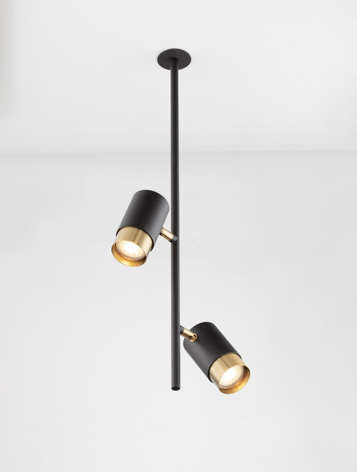 Suspension noire à deux projecteurs cylindriques orientables, intérieur laiton doré, allumés