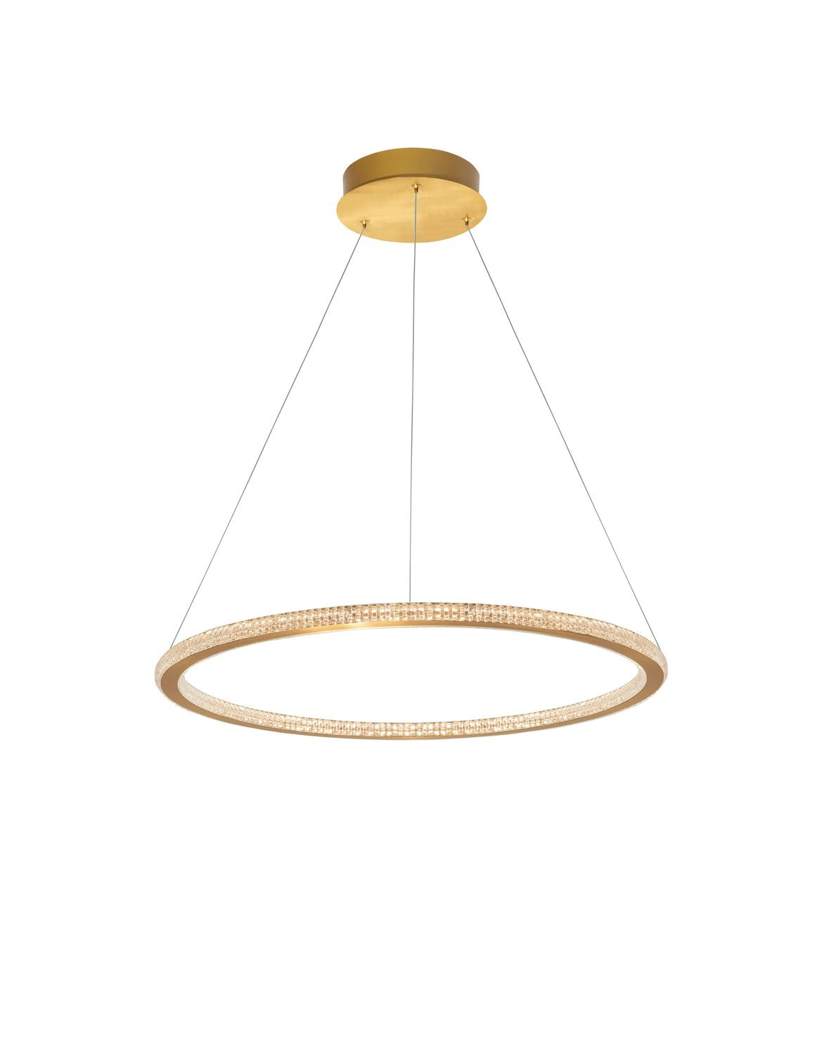 Vue de face du luminaire suspendu, anneau circulaire et câbles sur fond blanc.