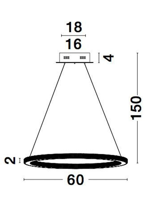 Schéma de dimensions du luminaire avec support, câbles, anneau et hauteur.