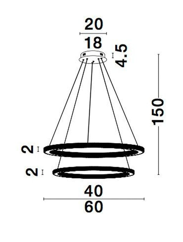 Schéma technique coté de la suspension : diamètres 40 et 60 cm, hauteur 150 cm.