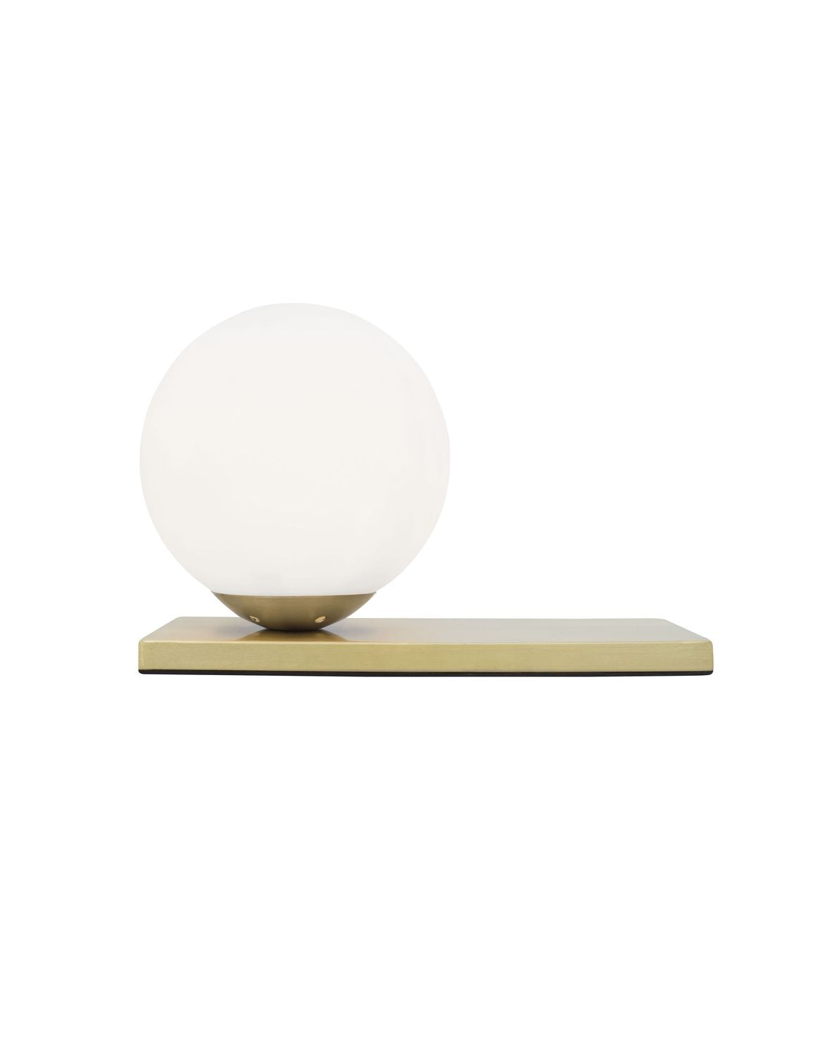 Vue de profil sur fond blanc du luminaire allumé, sphère et base rectangulaire dorée