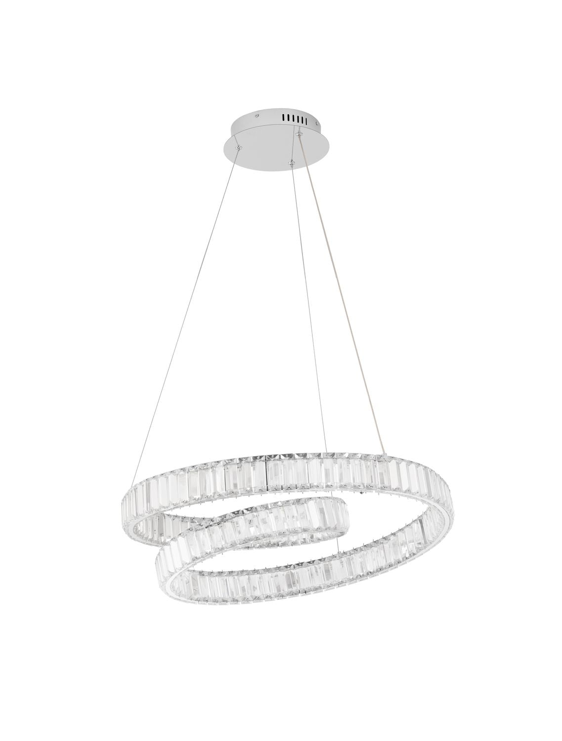 Suspension chromée à deux anneaux de cristal formant une spirale, vue de face sur fond blanc