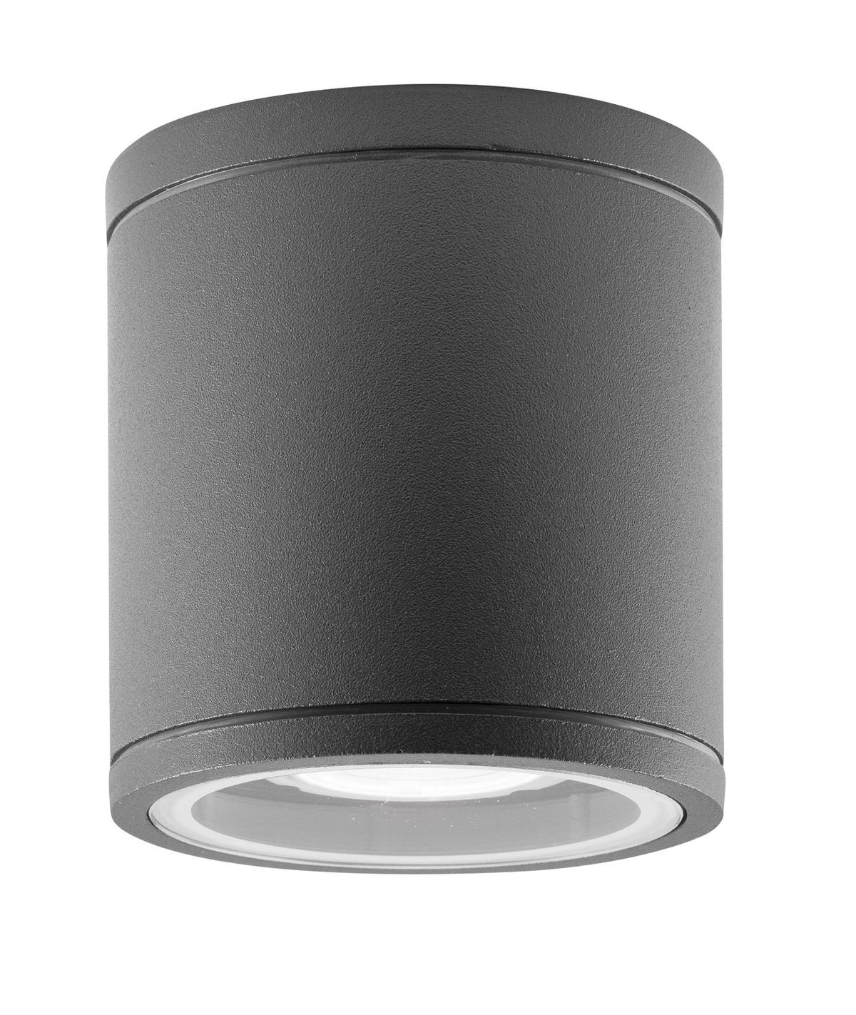 Plafonnier cylindrique gris anthracite, diffuseur blanc en partie basse, vue de face.