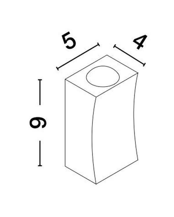 Schéma technique coté du luminaire : hauteur neuf, largeur cinq, profondeur quatre centimètres.