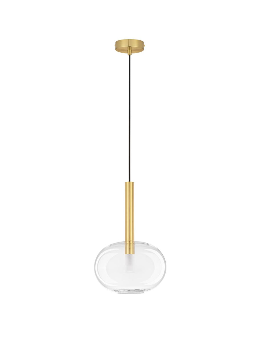 Vue de face du luminaire entier sur fond blanc, câble noir et tige dorée