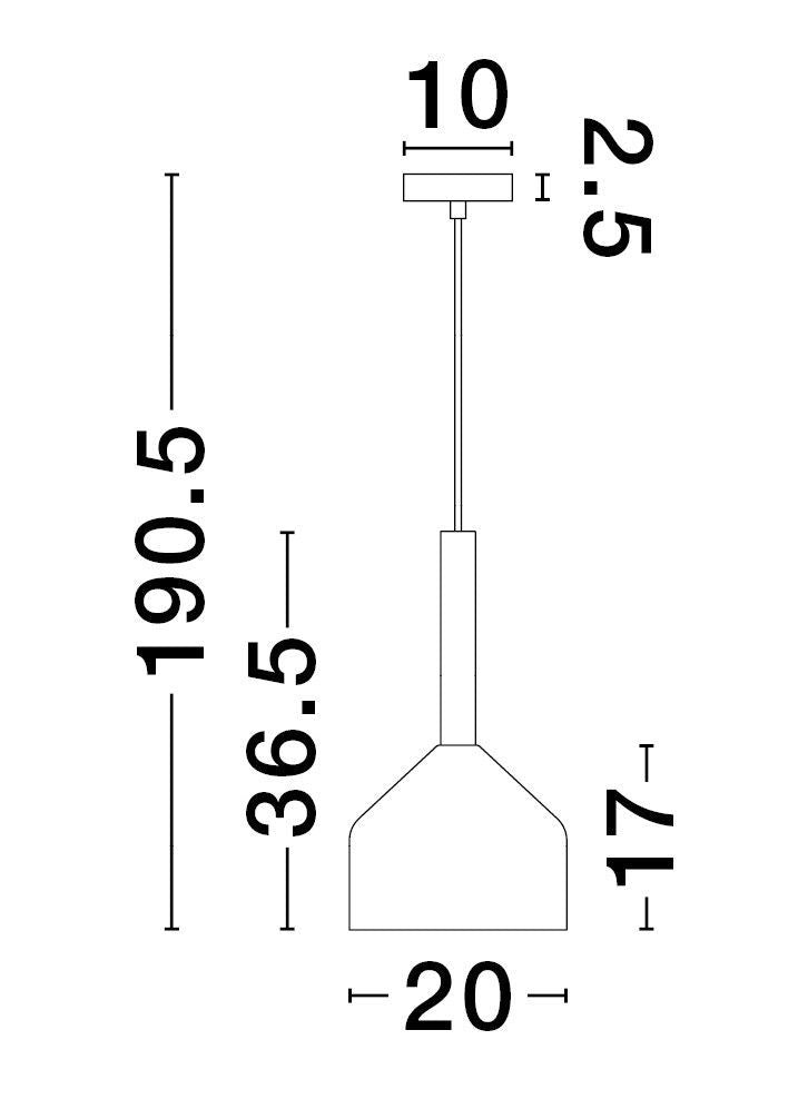 Schéma de dimensions du luminaire avec mesures 190,5 cm, 36,5 cm et 20 cm.