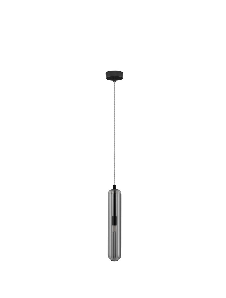 Vue de face du luminaire entier avec câble tressé et rosace noire