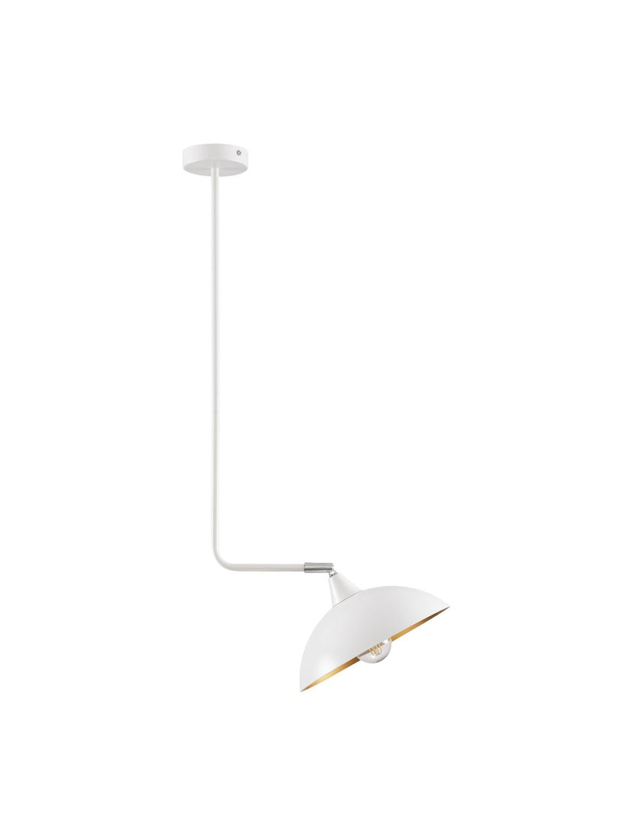 Vue de face du luminaire entier sur fond blanc, tige coudée et abat-jour