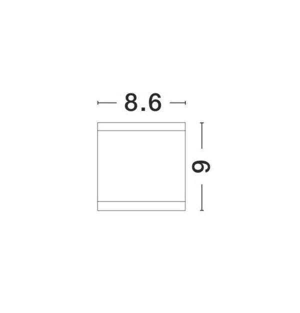Schéma de dimensions : largeur 8,6 cm et hauteur 9 cm pour ce plafonnier.