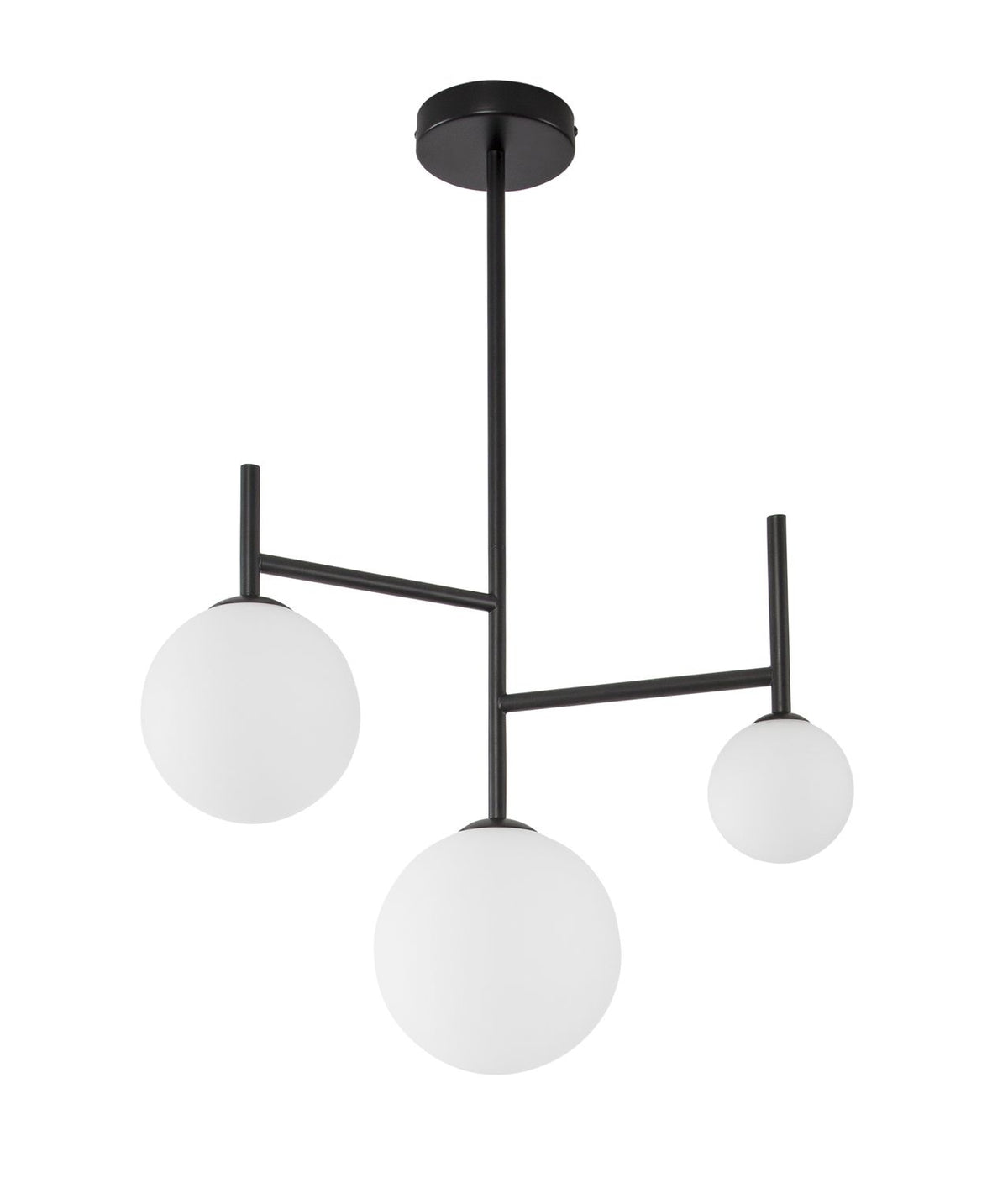 Vue de face du luminaire sur fond blanc, structure métallique noire et trois diffuseurs sphériques