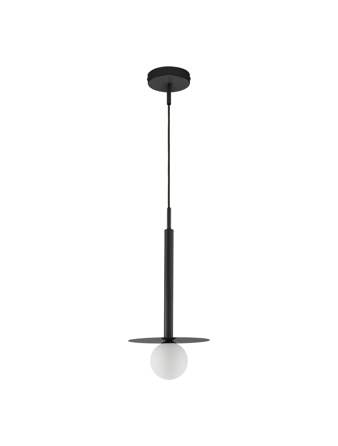 Suspension noire de face avec tige cylindrique, disque plat et globe de verre blanc