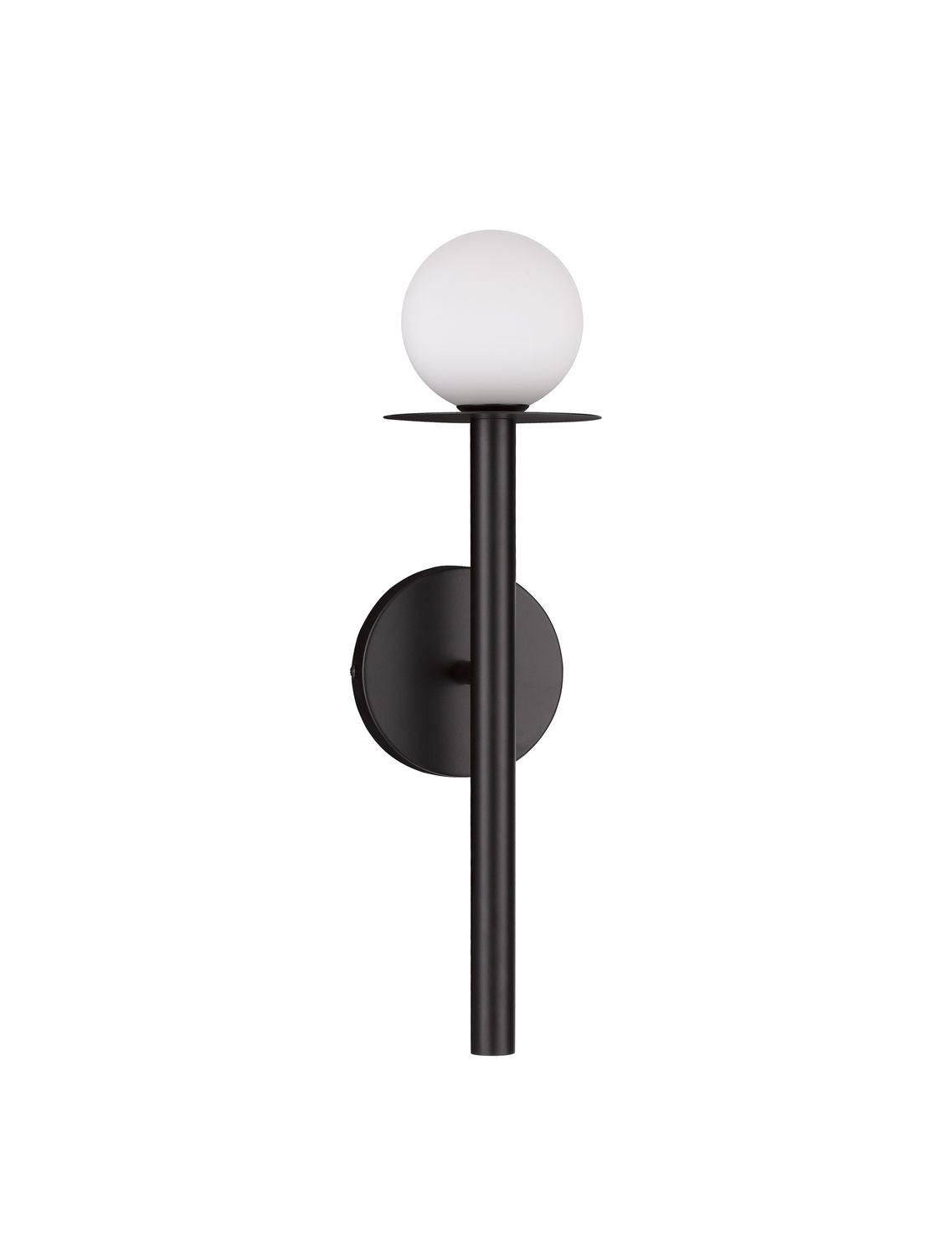 Vue de face du luminaire détouré sur fond blanc, tige verticale et sphère