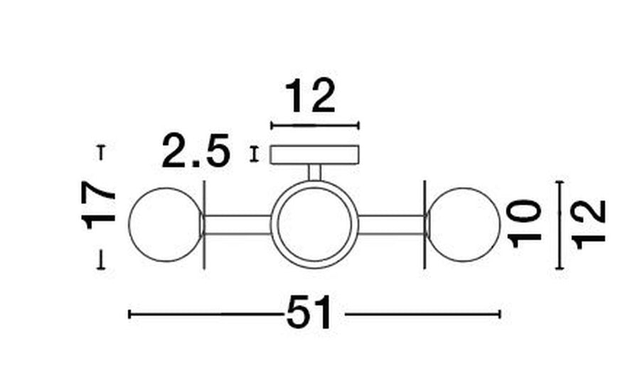 Schéma de dimensions du plafonnier : largeur 51 cm, hauteur 12 cm, globes 10