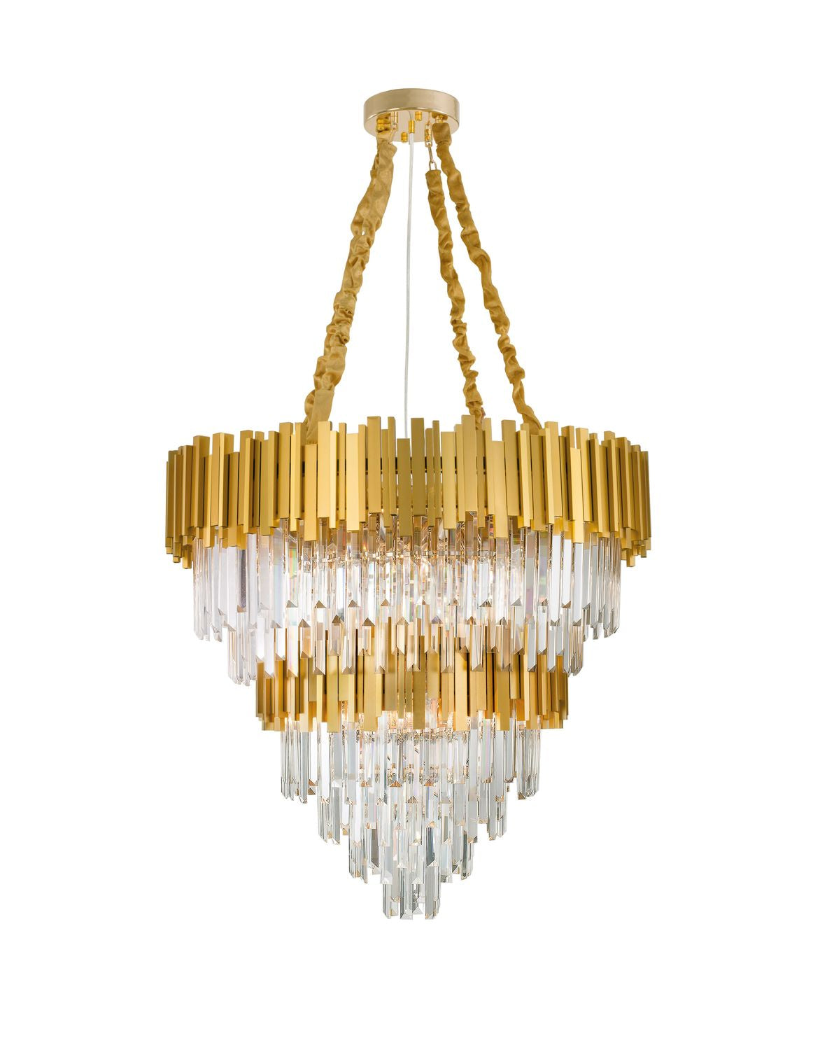 Vue de face du luminaire suspendu avec sa structure dorée et ses cristaux