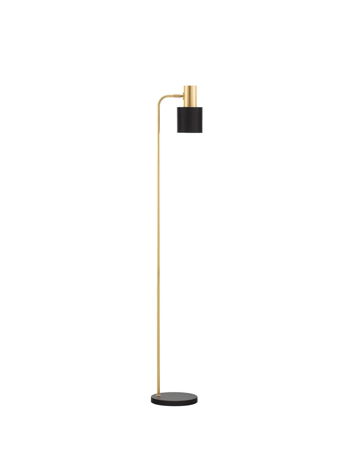 Lampadaire doré de face sur fond blanc, tige fine et abat-jour cylindrique noir