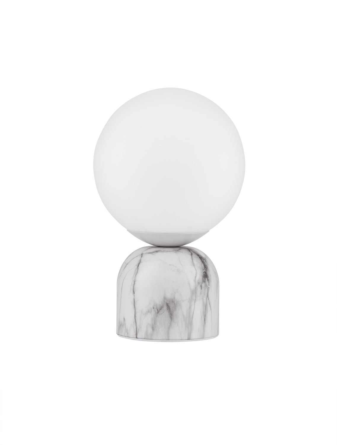 Produit de face sur fond blanc : boule en verre et socle cylindrique en marbre.