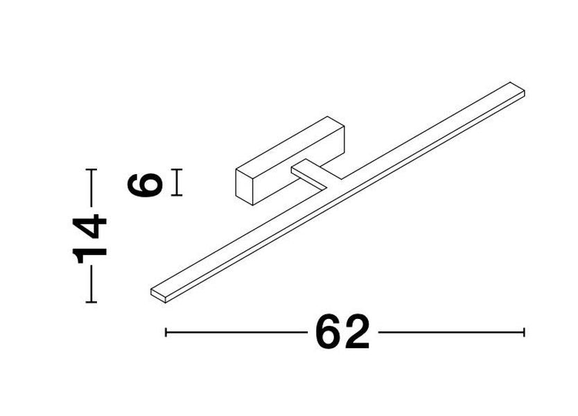 Schéma de dimensions indiquant 62 cm de large, 14 cm de haut, 6 cm de profondeur