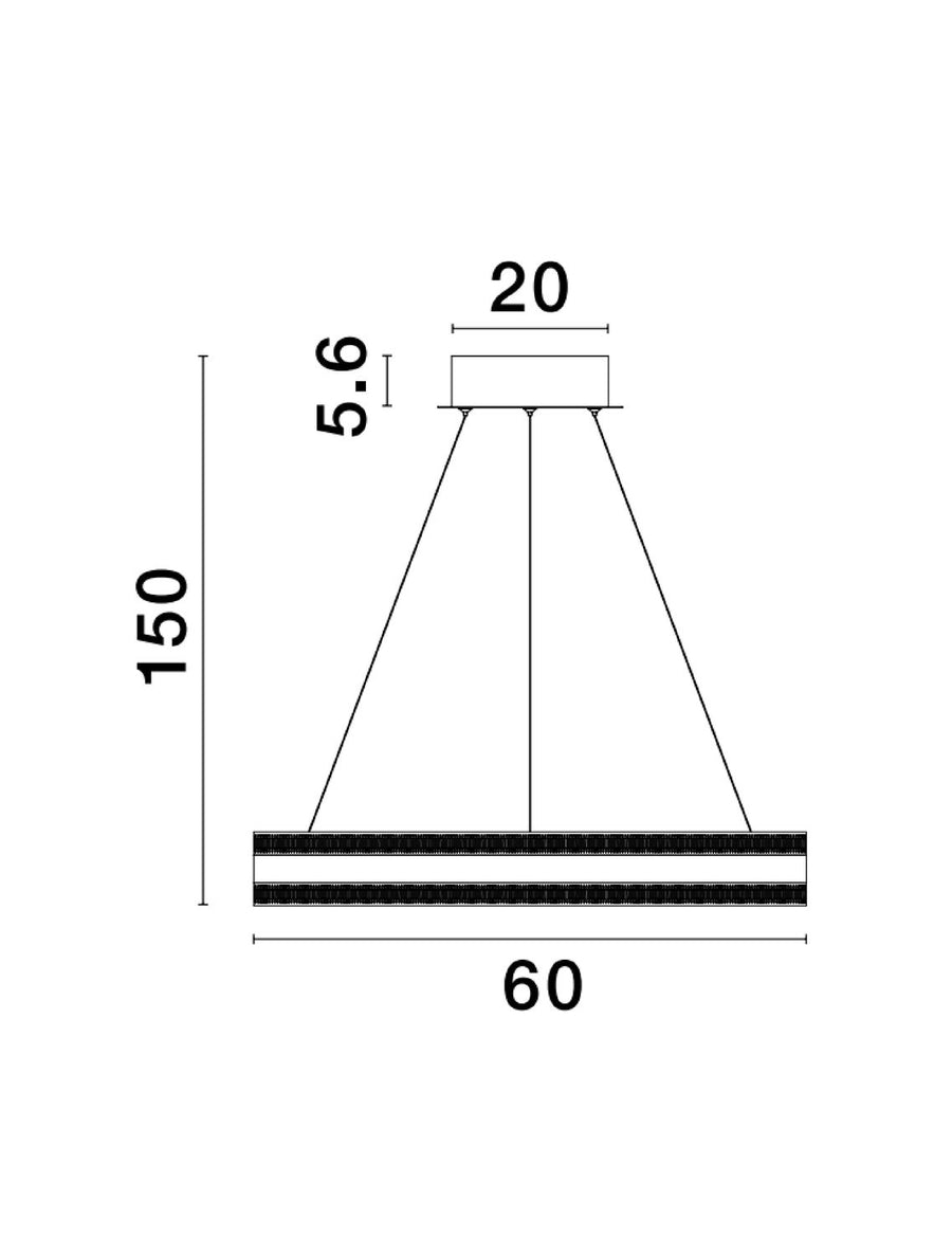 Schéma coté du luminaire : diamètre 60 cm, hauteur 150 cm, rosace 20 cm