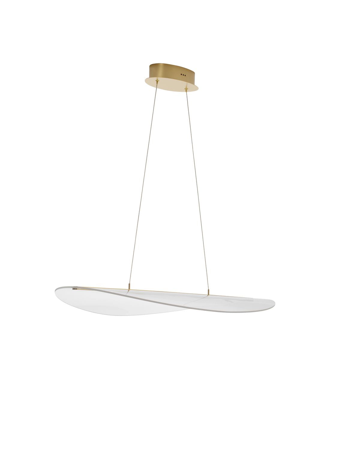 Luminaire présenté de face sur fond blanc avec rosace dorée et câbles fins