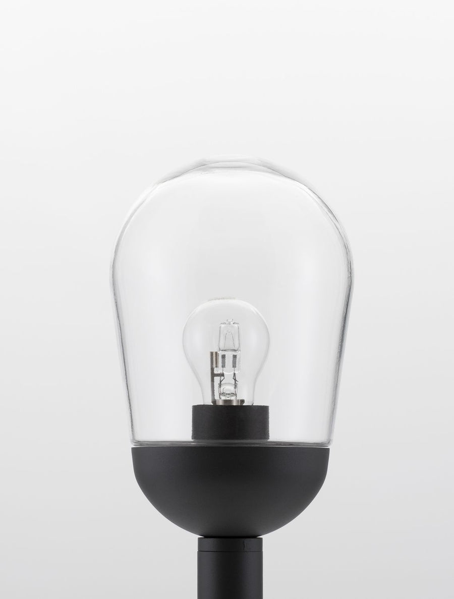 Gros plan de la coupole et de la douille noire avec ampoule vissée