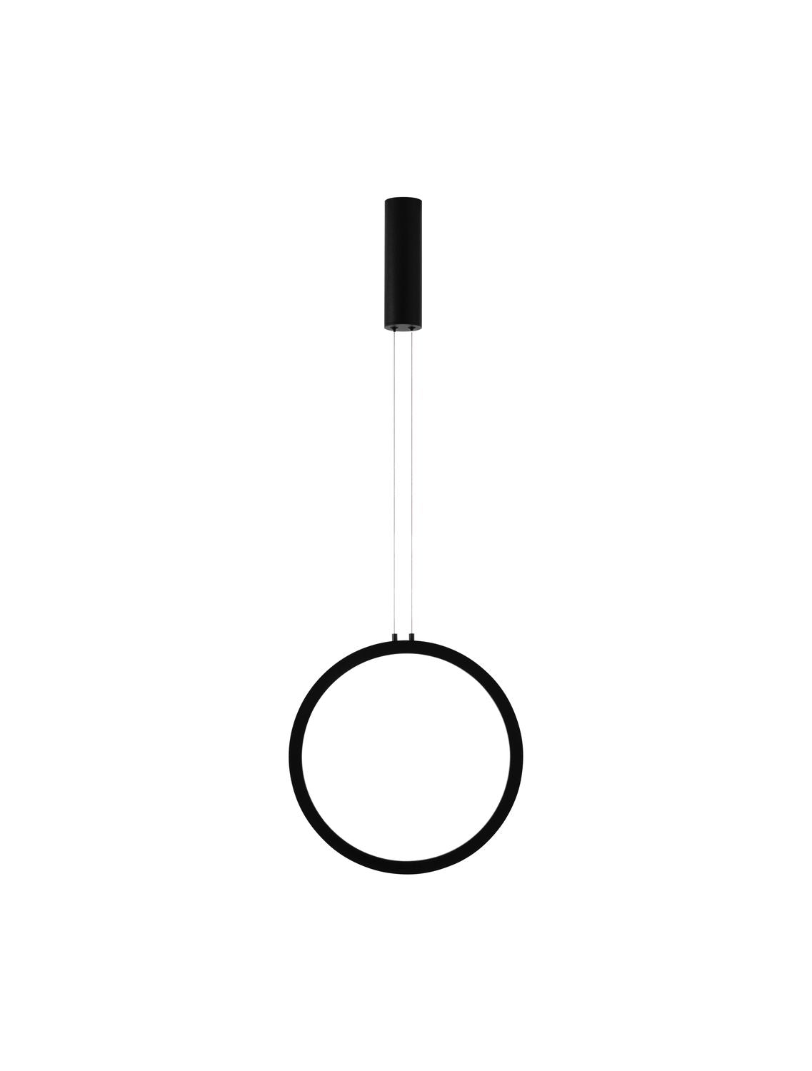 Suspension noire minimaliste avec anneau lumineux et rosace cylindrique, vue de face sur fond blanc