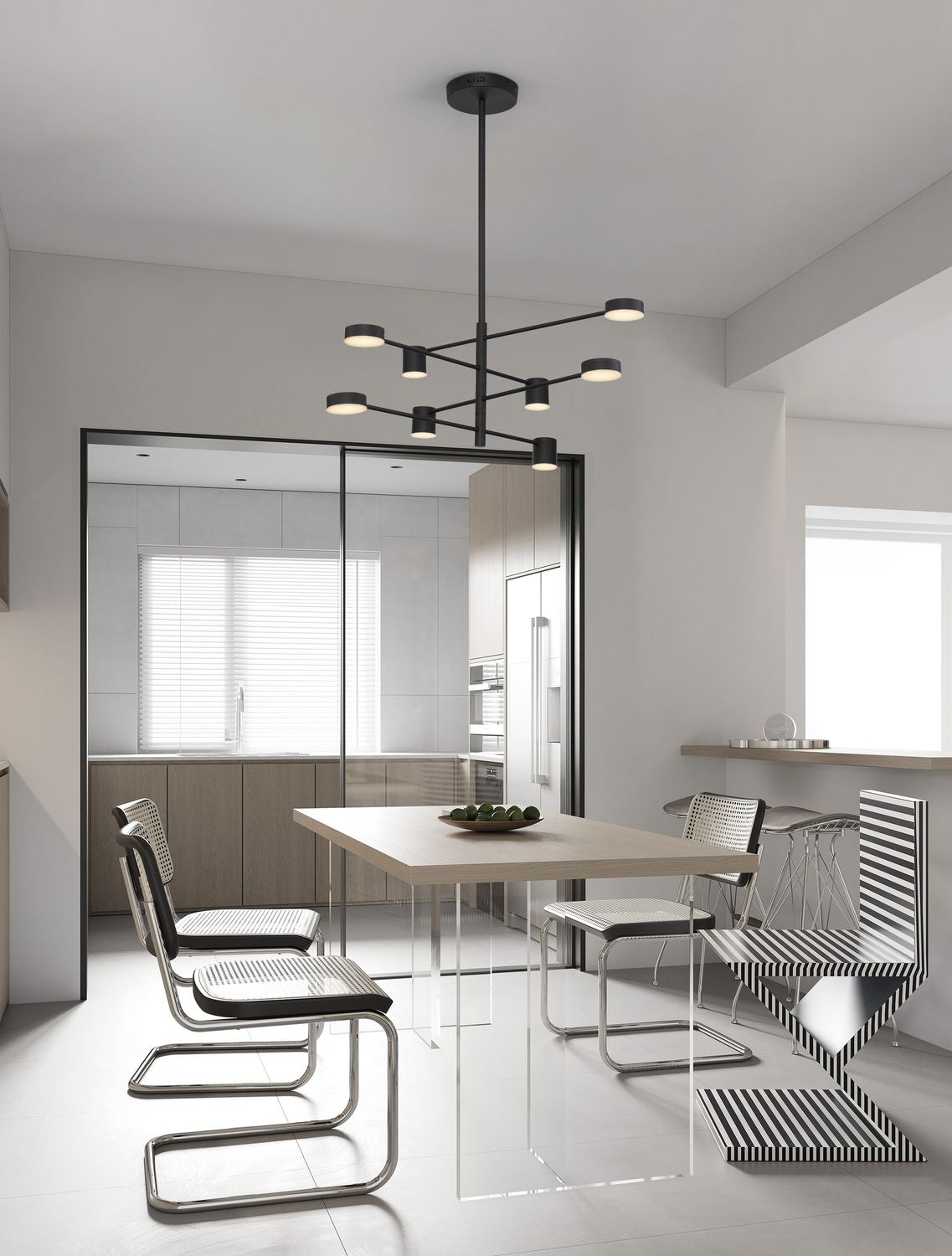 Suspension noire à huit bras installée au-dessus d'une table à manger en mise en ambiance