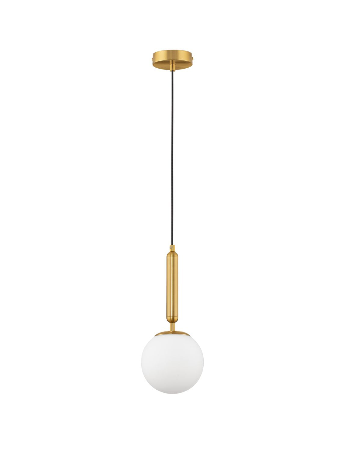 Vue de face sur fond blanc du luminaire suspendu avec sa boule de verre opalin.