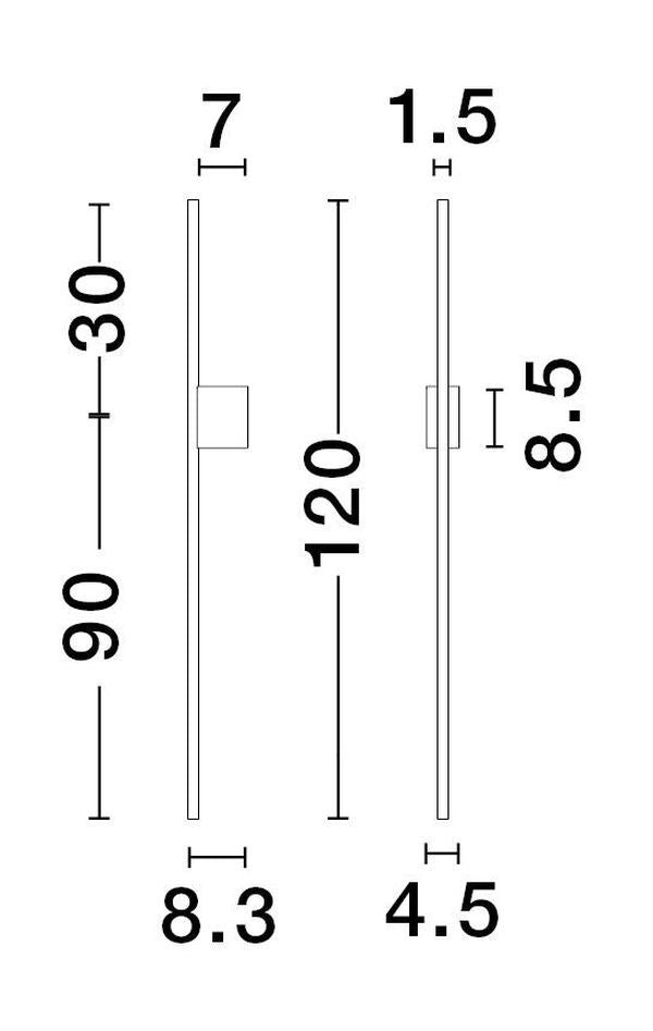 Schéma coté : hauteur 120 cm, fixation centrale, embases de 7 et 1,5 cm.