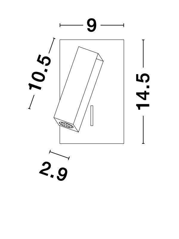 Schéma technique coté : largeur 9 cm, hauteur 14,5 cm, profondeur 2,9 cm