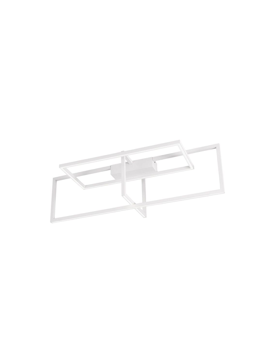 Plafonnier blanc vu de trois quarts, cadres rectangulaires entrecroisés sur fond neutre