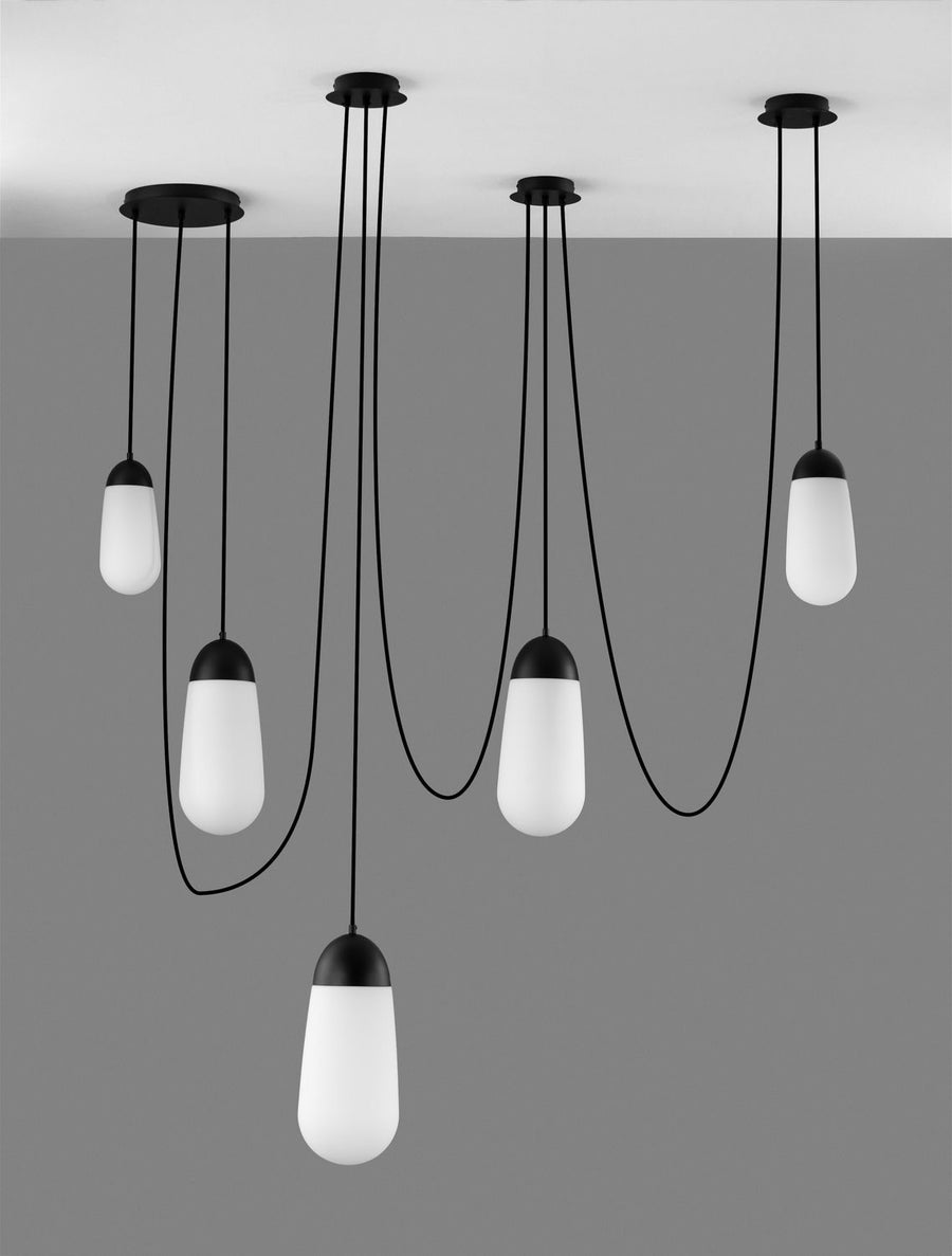Suspension Blaky 5 lumières noire, verre, H 300 cm