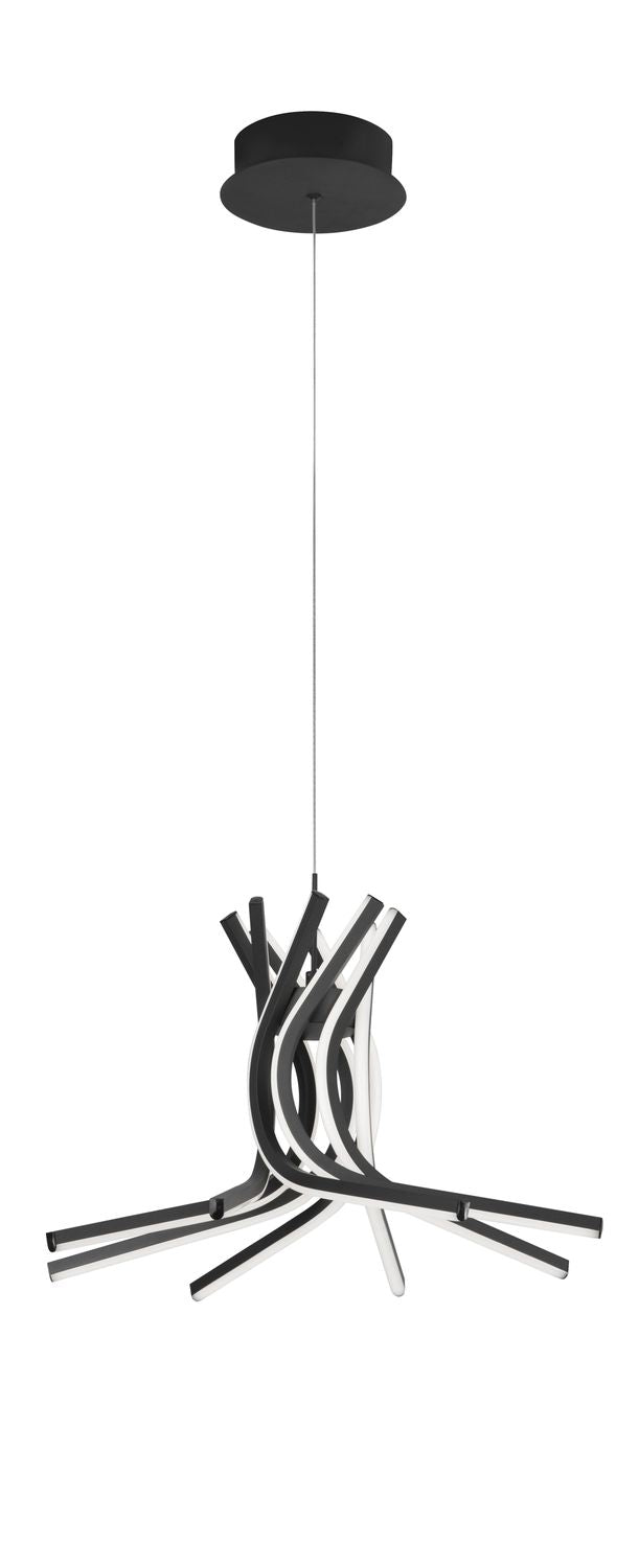 Vue d'ensemble du luminaire suspendu avec sa rosace noire et son câble fin