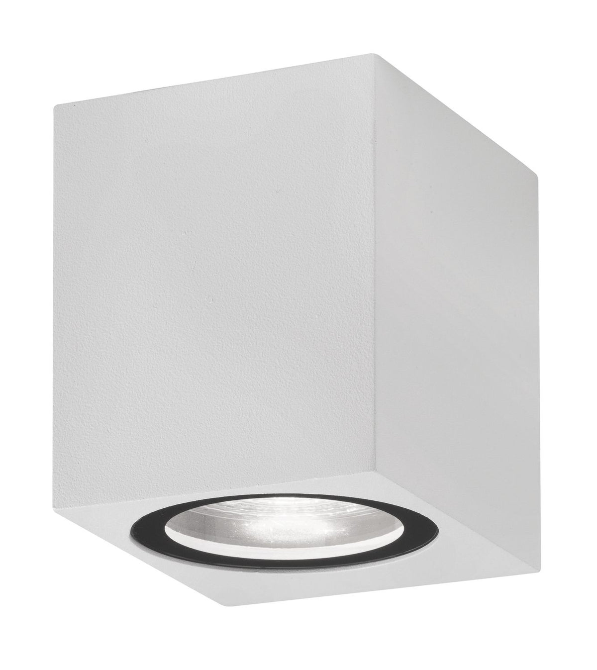 Applique extérieure blanche cubique avec verre rond et liseré noir en partie basse
