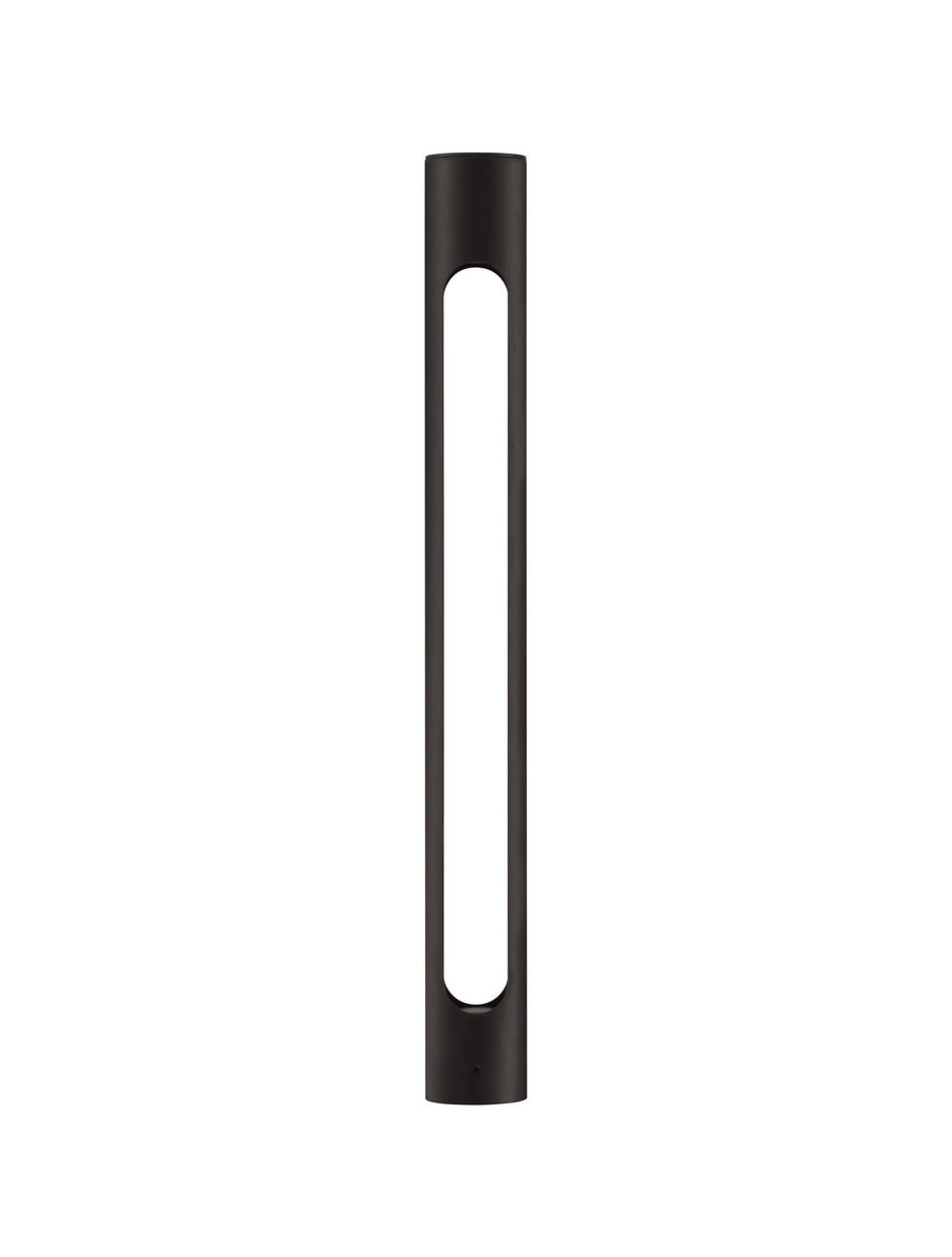 Vue de face du luminaire cylindrique noir, fente verticale ouverte sur toute la hauteur.